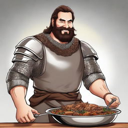 A high-quality digital art image showcasing a burly man with medium brown hair and brown eyes, wearing full plate armor and chain mail