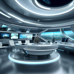 A futuristic TV anchor's office, inspired by the design elements from the architecture shown in the provided link.