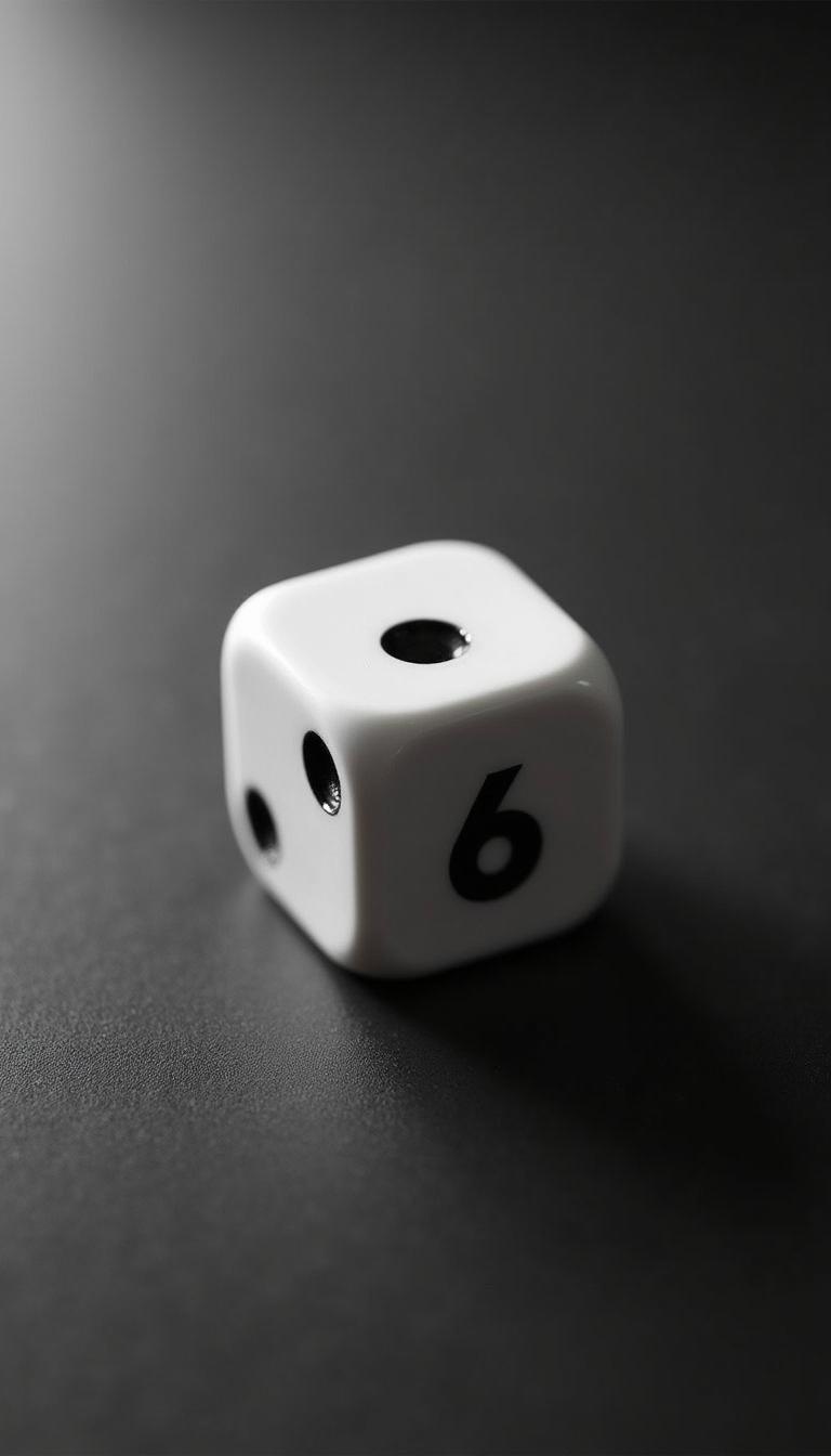 A striking black and white print image focusing on a classic six-sided die showing the number 6 prominently on its face