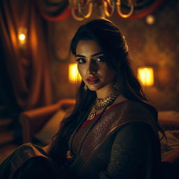 A complex and intimate scene featuring an Indian woman in traditional attire, such as a beautiful saree with intricate embroidery, sitting elegantly in a dimly lit room