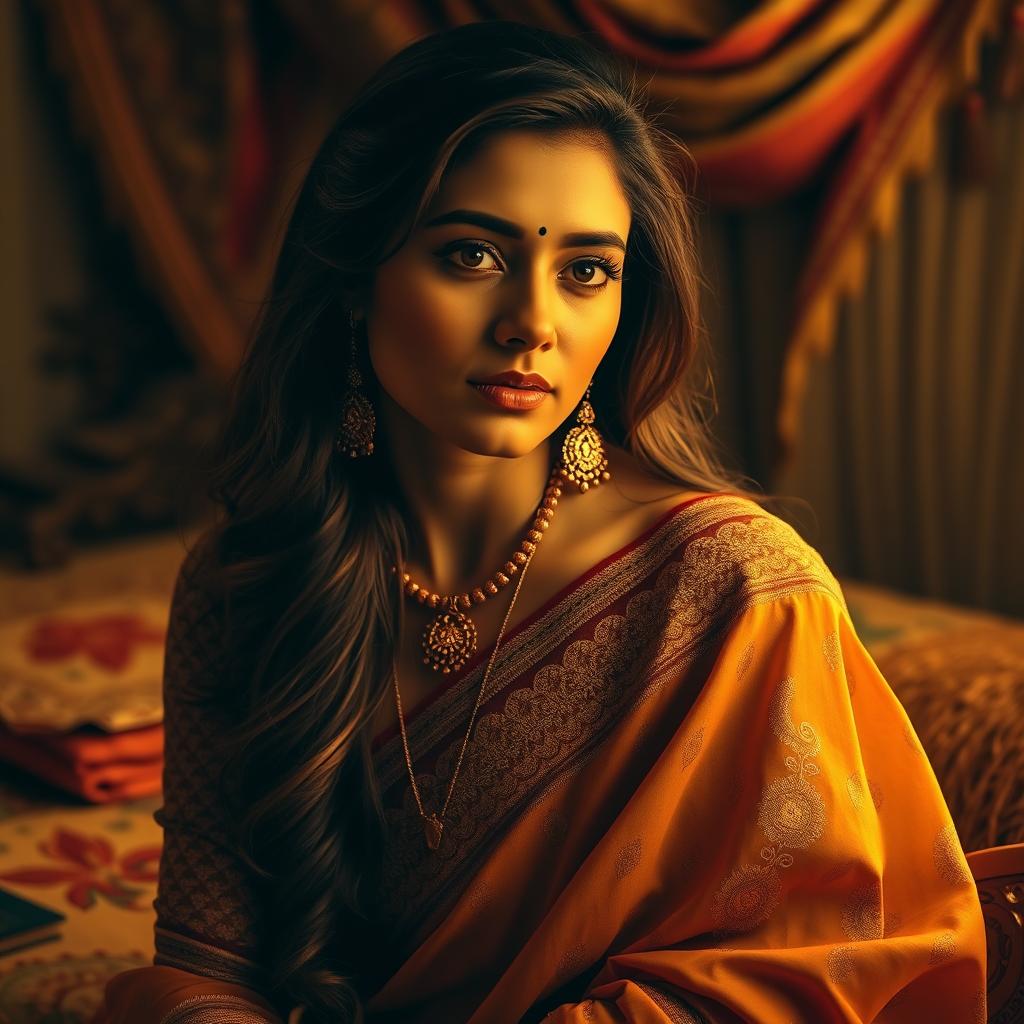 A complex and intimate scene featuring an Indian woman in traditional attire, such as a beautiful saree with intricate embroidery, sitting elegantly in a dimly lit room