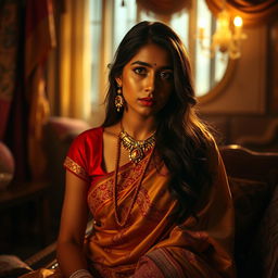 A complex and intimate scene featuring an Indian woman in traditional attire, such as a beautiful saree with intricate embroidery, sitting elegantly in a dimly lit room