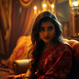 A complex and intimate scene featuring an Indian woman in traditional attire, such as a beautiful saree with intricate embroidery, sitting elegantly in a dimly lit room