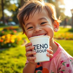 A cinematic scene featuring a young child joyfully holding a cup with the words 'ZENO GROUP' printed on it