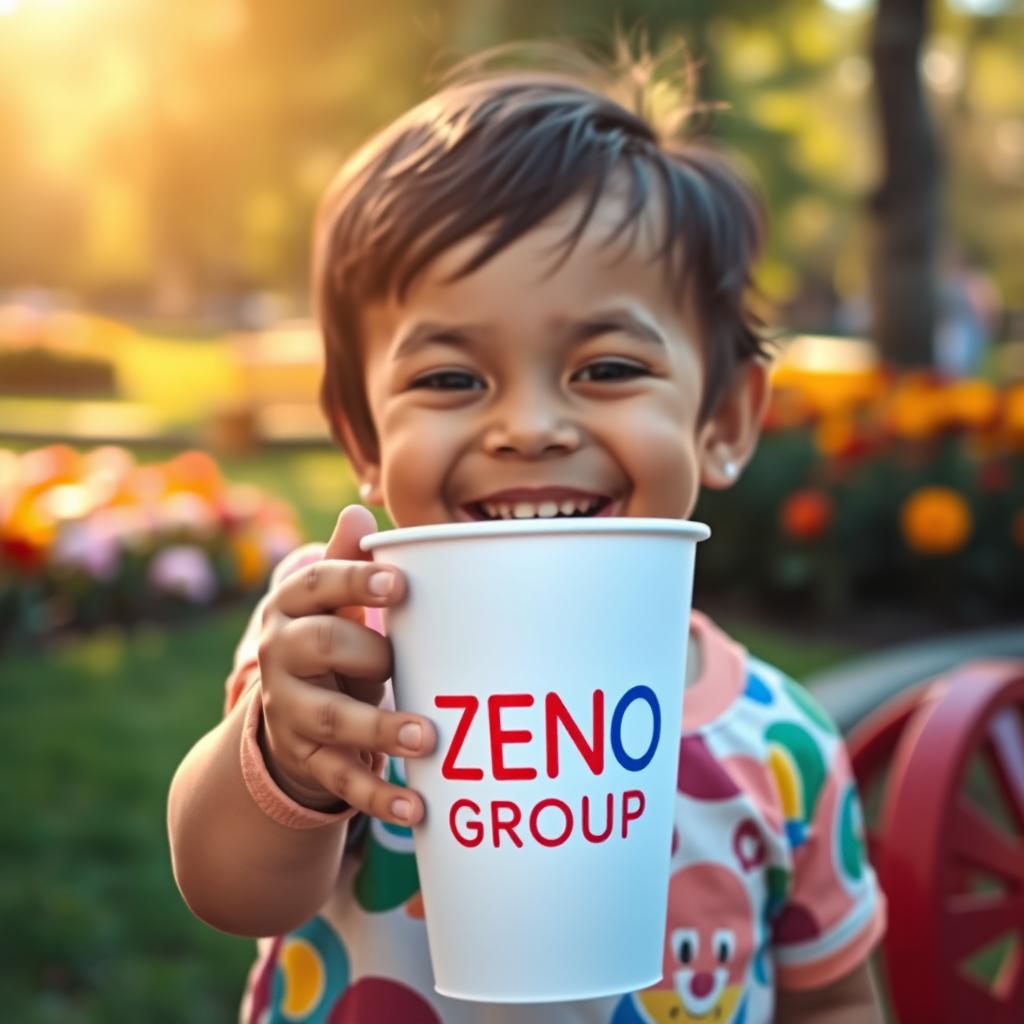 A cinematic scene featuring a young child joyfully holding a cup with the words 'ZENO GROUP' printed on it