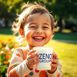 A cinematic scene featuring a young child joyfully holding a cup with the words 'ZENO GROUP' printed on it