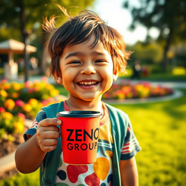 A cinematic scene featuring a young child joyfully holding a cup with the words 'ZENO GROUP' printed on it