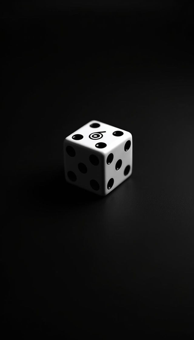 An elegant black and white print image featuring a classic six-sided die prominently displaying the number 6