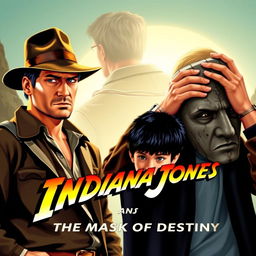 An adventurous movie poster for 'Indiana Jones and the Mask of Destiny', featuring Indiana Jones in his classic fedora and leather jacket, embodying the spirit of exploration and adventure