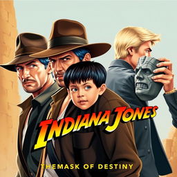 An adventurous movie poster for 'Indiana Jones and the Mask of Destiny', featuring Indiana Jones in his classic fedora and leather jacket, embodying the spirit of exploration and adventure
