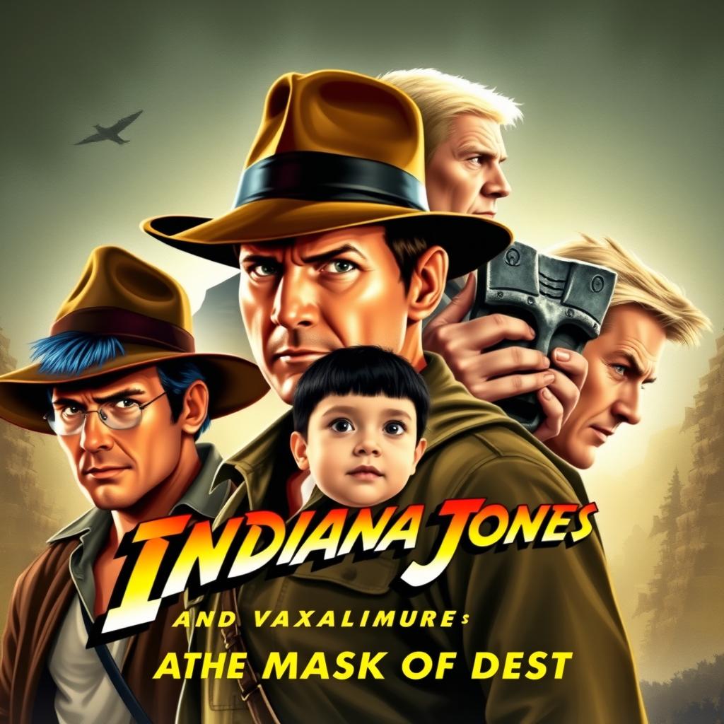 An adventurous movie poster for 'Indiana Jones and the Mask of Destiny', featuring Indiana Jones in his classic fedora and leather jacket, embodying the spirit of exploration and adventure