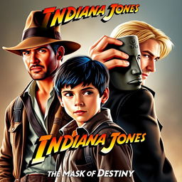 An adventurous movie poster for 'Indiana Jones and the Mask of Destiny', featuring Indiana Jones in his classic fedora and leather jacket, embodying the spirit of exploration and adventure