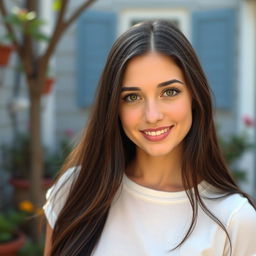 A 30-year-old white woman with long, dark brown almost black hair, styled simply and naturally