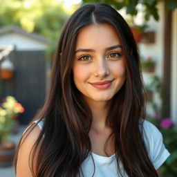 A 30-year-old white woman with long, dark brown almost black hair, styled simply and naturally