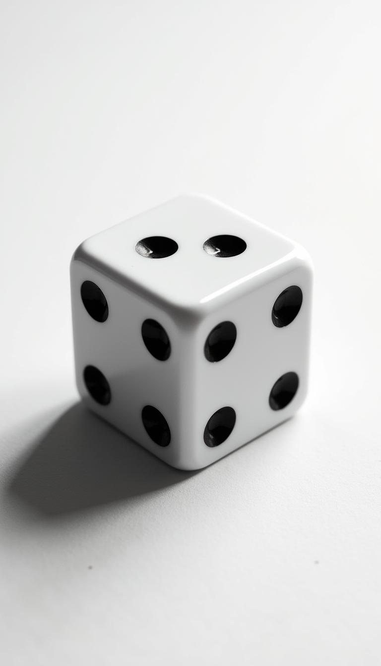 An artistic black and white print image showcasing a classic six-sided die with six spots (pips) clearly visible on its face