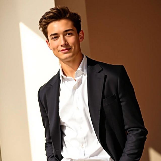 A stylish young adult male standing confidently, wearing a crisp white formal shirt combined with a tailored black coat, set against a warm, softly lit background