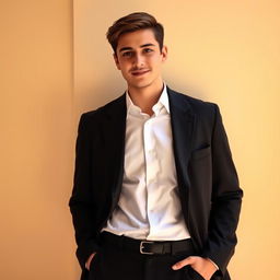 A stylish young adult male standing confidently, wearing a crisp white formal shirt combined with a tailored black coat, set against a warm, softly lit background