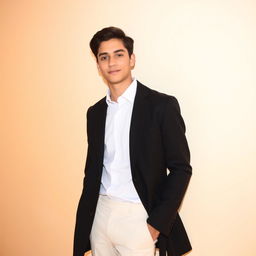 A stylish young adult male standing confidently, wearing a crisp white formal shirt combined with a tailored black coat, set against a warm, softly lit background