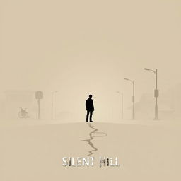 An artistic poster inspired by Silent Hill, featuring a foggy and eerie atmosphere dominated by a hauntingly pale grey and beige color palette