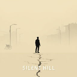 An artistic poster inspired by Silent Hill, featuring a foggy and eerie atmosphere dominated by a hauntingly pale grey and beige color palette