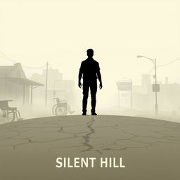 An artistic poster inspired by Silent Hill, featuring a foggy and eerie atmosphere dominated by a hauntingly pale grey and beige color palette