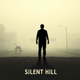 An artistic poster inspired by Silent Hill, featuring a foggy and eerie atmosphere dominated by a hauntingly pale grey and beige color palette