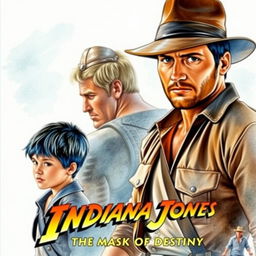 A captivating watercolor-style movie poster for 'Indiana Jones and the Mask of Destiny', featuring Indiana Jones in his classic fedora and leather jacket, radiating a sense of adventure and bravery