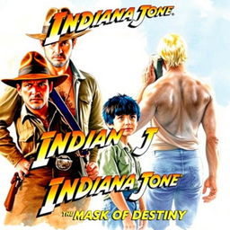 A captivating watercolor-style movie poster for 'Indiana Jones and the Mask of Destiny', featuring Indiana Jones in his classic fedora and leather jacket, radiating a sense of adventure and bravery