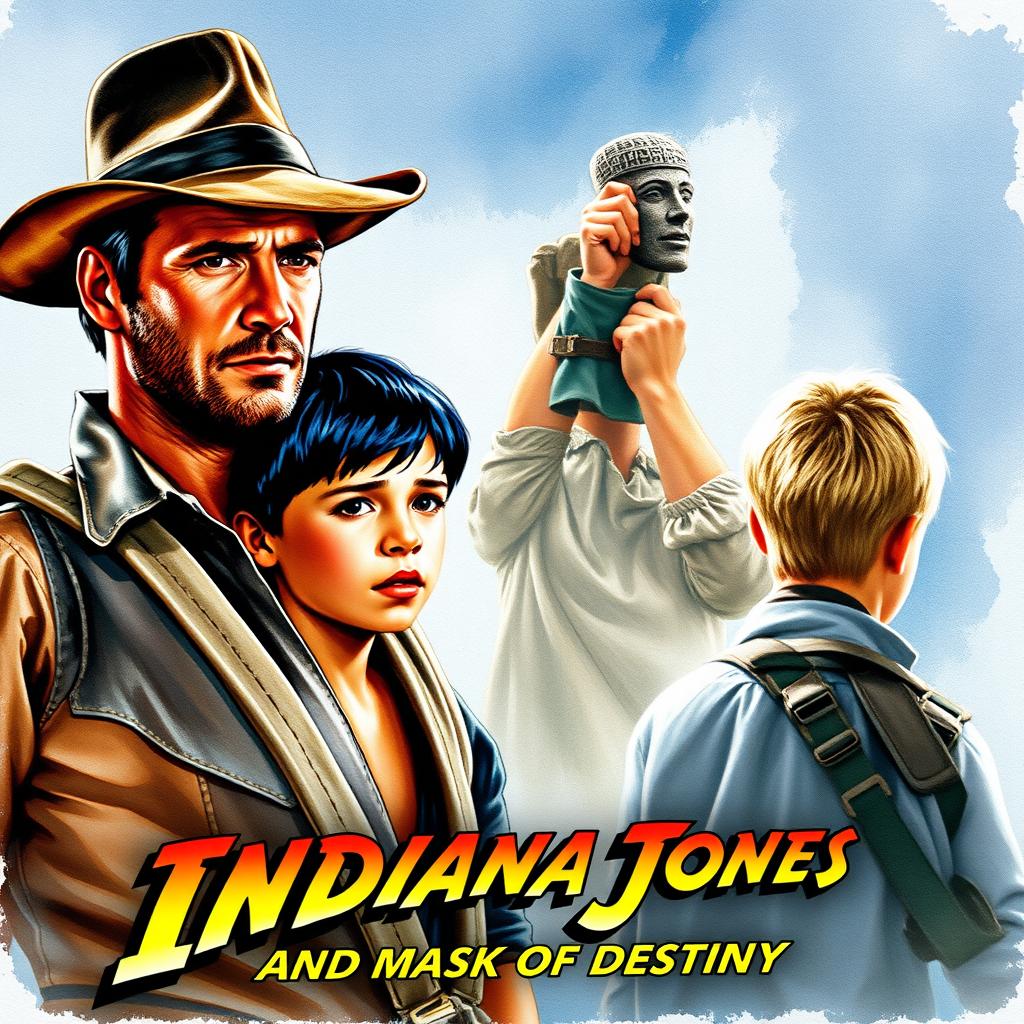 A captivating watercolor-style movie poster for 'Indiana Jones and the Mask of Destiny', featuring Indiana Jones in his classic fedora and leather jacket, radiating a sense of adventure and bravery