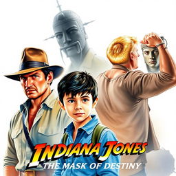 A captivating watercolor-style movie poster for 'Indiana Jones and the Mask of Destiny', featuring Indiana Jones in his classic fedora and leather jacket, radiating a sense of adventure and bravery