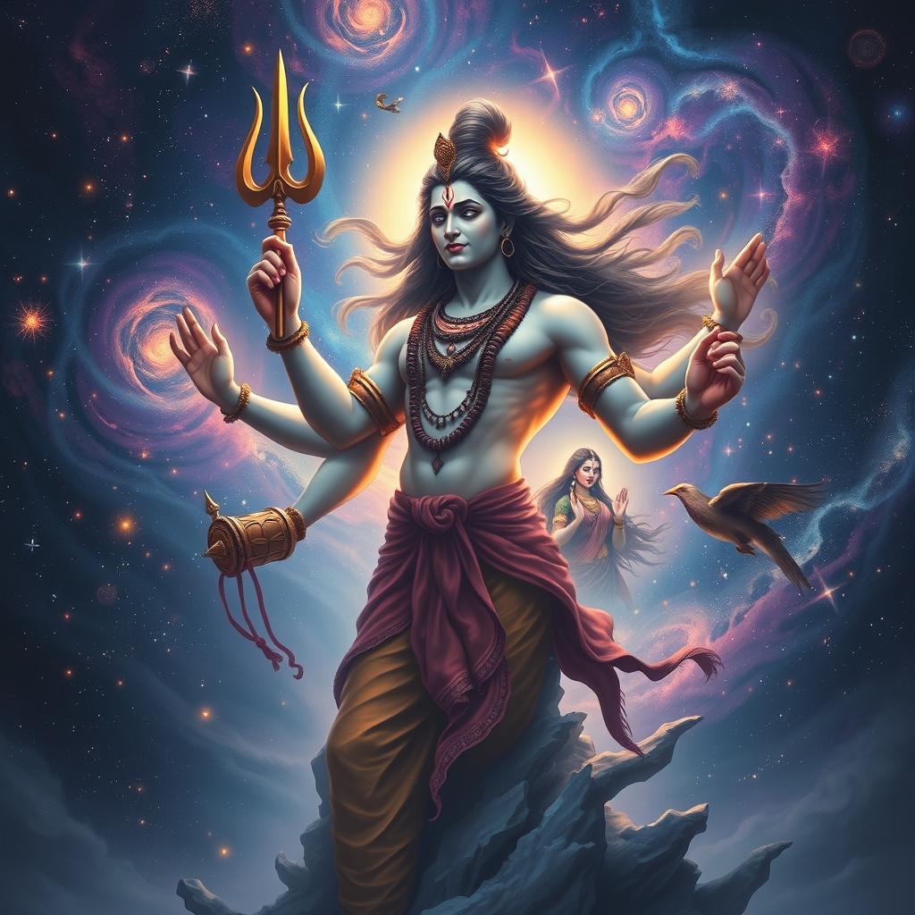 A deeply emotional scene depicting Lord Shiva in a vast cosmic landscape filled with stars and swirling galaxies, expressing his pain and longing for Parvati