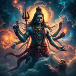 A deeply emotional scene depicting Lord Shiva in a vast cosmic landscape filled with stars and swirling galaxies, expressing his pain and longing for Parvati