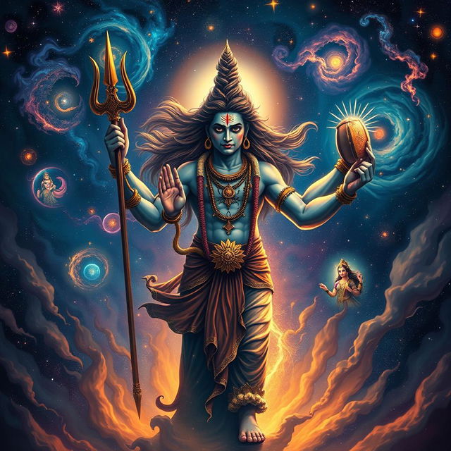 A deeply emotional scene depicting Lord Shiva in a vast cosmic landscape filled with stars and swirling galaxies, expressing his pain and longing for Parvati