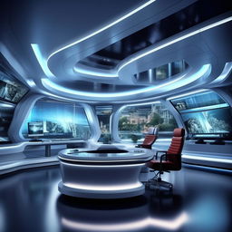 A futuristic TV anchor's office, inspired by the design elements from the architecture shown in the provided link.