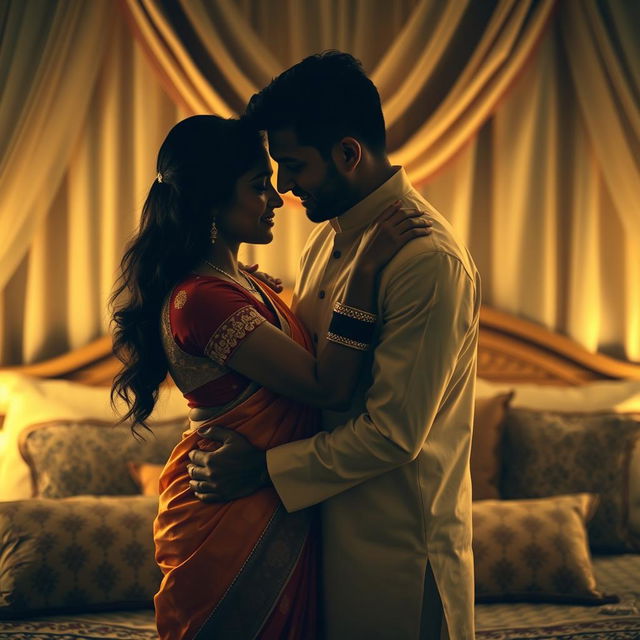 A romantic and intimate scene between a loving Indian couple