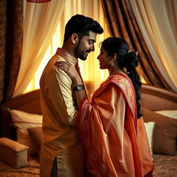 A romantic and intimate scene between a loving Indian couple