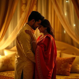 A romantic and intimate scene between a loving Indian couple