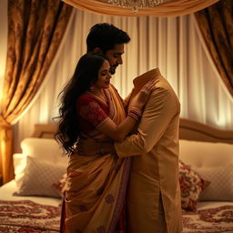 A romantic and intimate scene between a loving Indian couple
