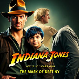 An exciting movie poster for 'Indiana Jones and the Mask of Destiny', featuring Indiana Jones in his classic fedora and leather jacket, radiating adventure and charisma