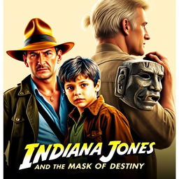 An exciting movie poster for 'Indiana Jones and the Mask of Destiny', featuring Indiana Jones in his classic fedora and leather jacket, radiating adventure and charisma