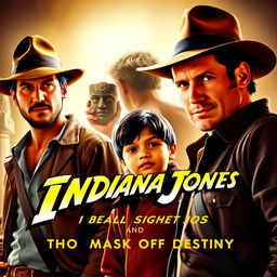 An exciting movie poster for 'Indiana Jones and the Mask of Destiny', featuring Indiana Jones in his classic fedora and leather jacket, radiating adventure and charisma