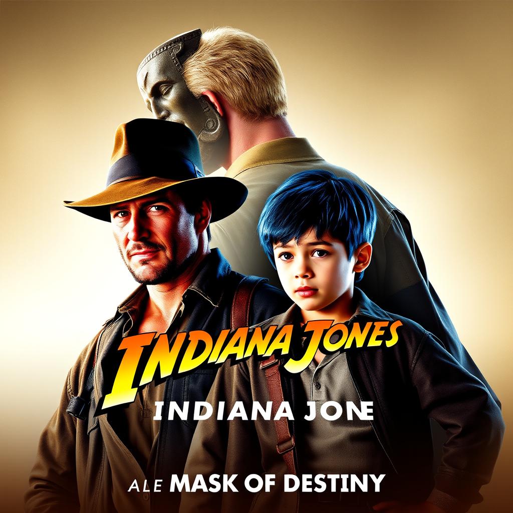 An exciting movie poster for 'Indiana Jones and the Mask of Destiny', featuring Indiana Jones in his classic fedora and leather jacket, radiating adventure and charisma