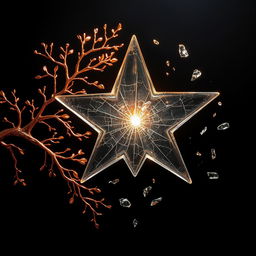 A cracked glass star glowing with a bright light at its center, surrounded by floating fragmented glass pieces against a deep black background
