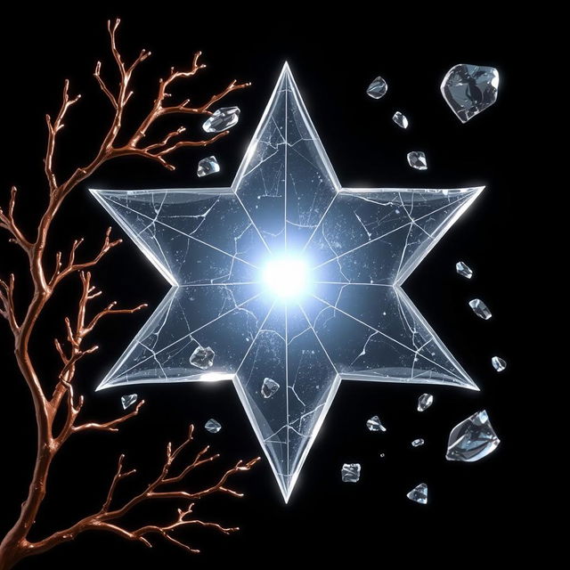 A cracked glass star glowing with a bright light at its center, surrounded by floating fragmented glass pieces against a deep black background