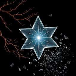 A cracked glass star glowing with a bright light at its center, surrounded by floating fragmented glass pieces against a deep black background