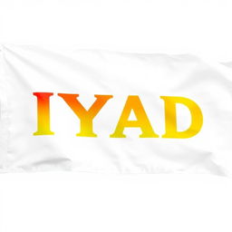 A white flag featuring the text 'IYAD' bold and prominently displayed in yellow, with a striking gradient blending vibrant colors within the letters of 'IYAD', ranging from red at the top transitioning through orange and into a bright blue at the bottom, creating a visually captivating contrast against the white background