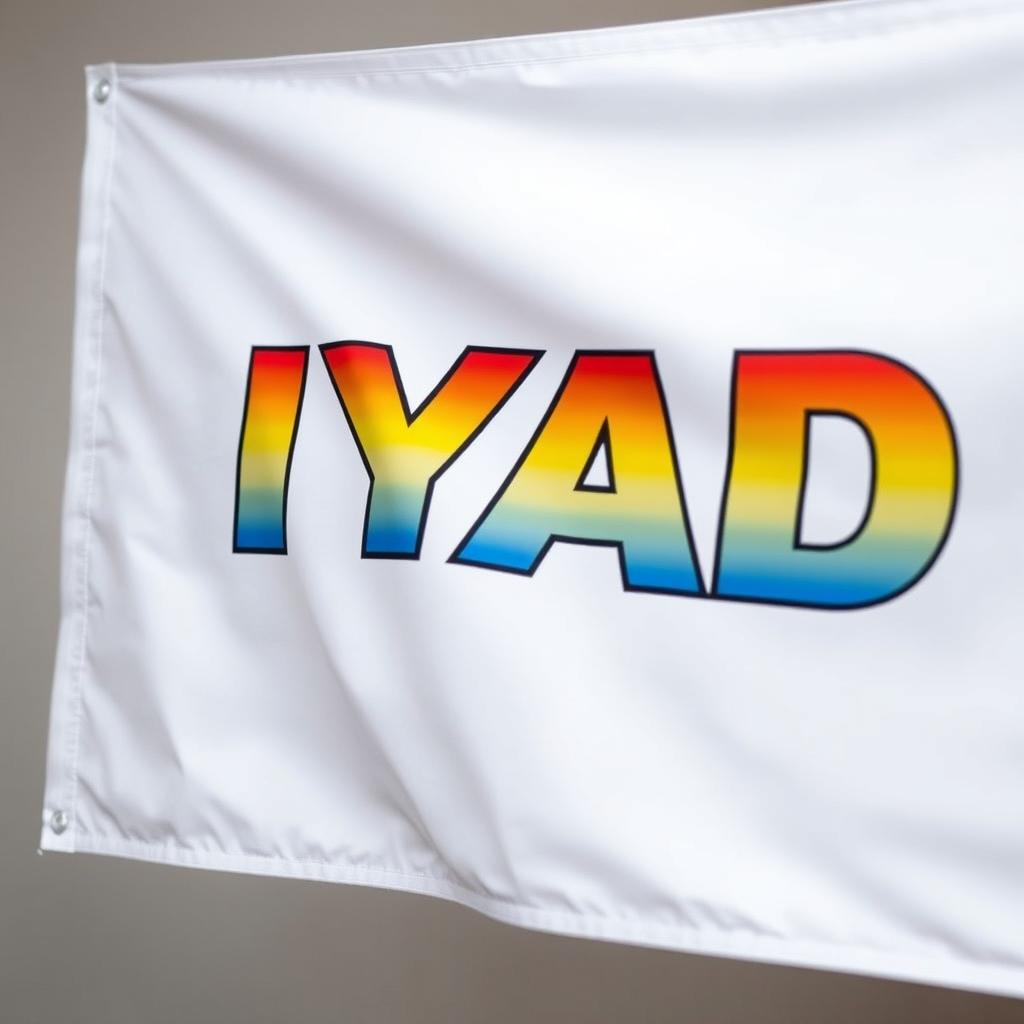 A white flag featuring the text 'IYAD' bold and prominently displayed in yellow, with a striking gradient blending vibrant colors within the letters of 'IYAD', ranging from red at the top transitioning through orange and into a bright blue at the bottom, creating a visually captivating contrast against the white background