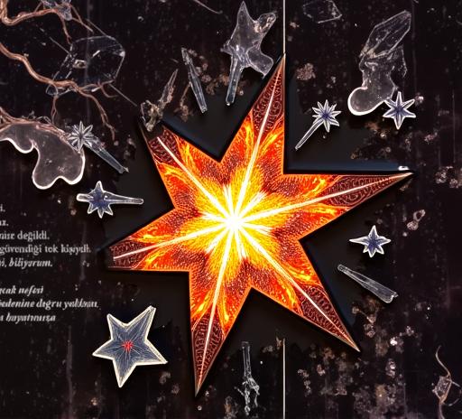 A cracked glass star glowing with light at the center, surrounded by fragmented glass pieces floating in a dark, black background