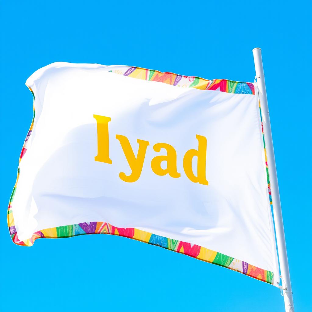 A white flag prominently displaying the name 'Iyad' printed in a bright yellow color in the center