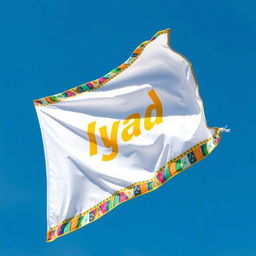 A white flag prominently displaying the name 'Iyad' printed in a bright yellow color in the center